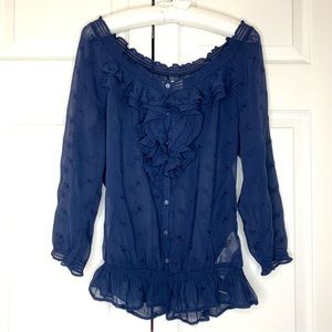 Abercrombie Sheer Ruffled Off-Shoulder Blouse, Navy Floral Embroidery Romantic